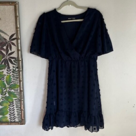 🧡3/15 SHEIN Navy V-Neck Semi-Sheer Mini Dress Women's L - Picture 1 of 11